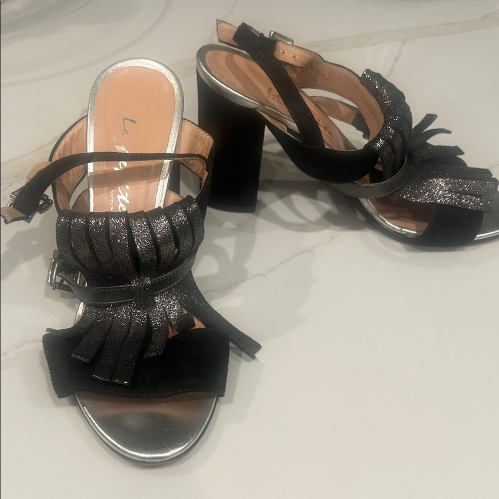 Italian Black and Silver Women's high heel dressy sandals - Picture 3 of 4